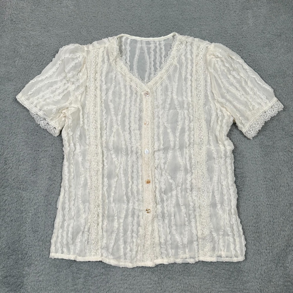Cottagecore Boho White Crinkle Ruched Lace V-Neck Short Puff Sleeve‎ Top Size M